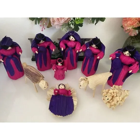 10 Piece Handmade Vtg Christmas Nativity Set Corn Husk 5" Dolls Roatan Honduras - Picture 6 of 16